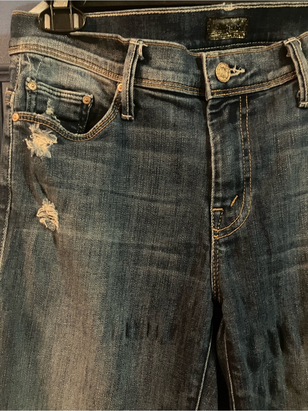 MOTHER Dark Blue Distressed Flare Jeans - Picture 2 of 8